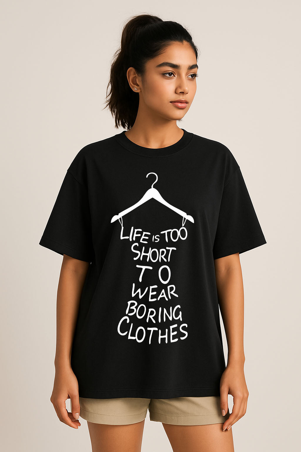 Women’s black cotton lycra oversized t-shirt with quirky streetwear quote print – Gen Z fashion essential
