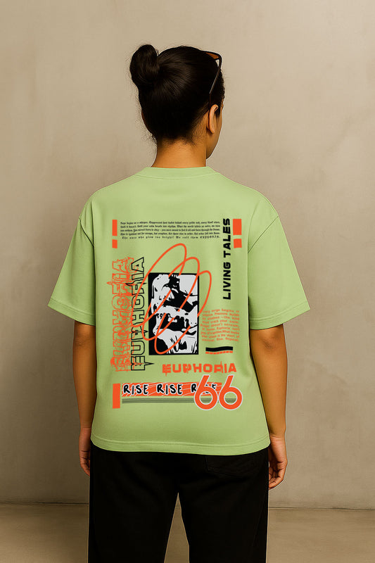 Back view of women's green oversized t-shirt – Euphoria streetwear style featuring bold graphic print