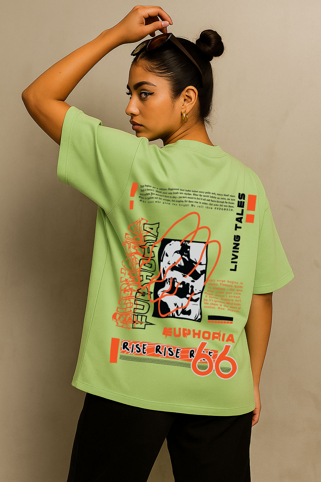 Angled back view of Euphoria streetwear-style green oversized t-shirt for women