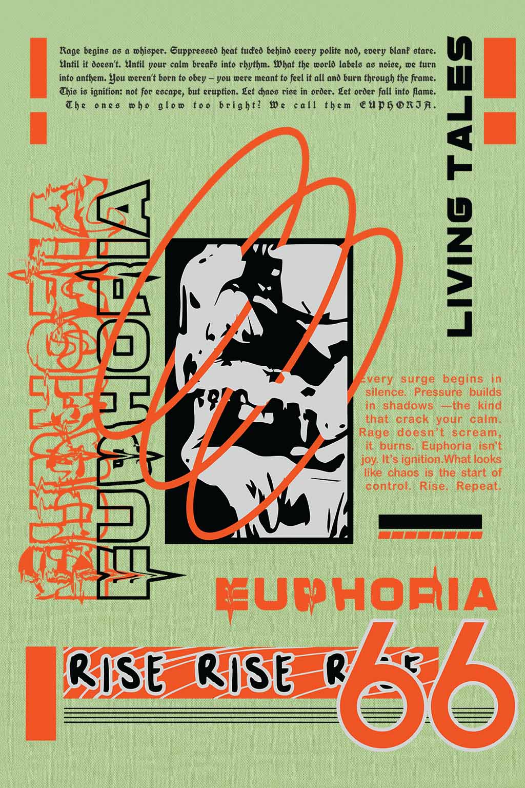 Close-up of Euphoria-themed streetwear graphic on green oversized women's t-shirt