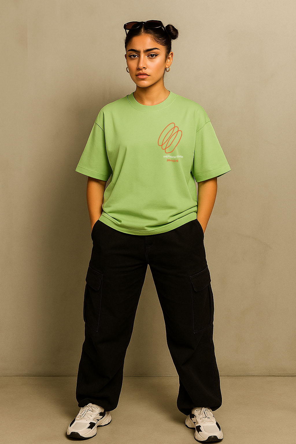 Standing front view of women's Euphoria green oversized t-shirt – streetwear styling