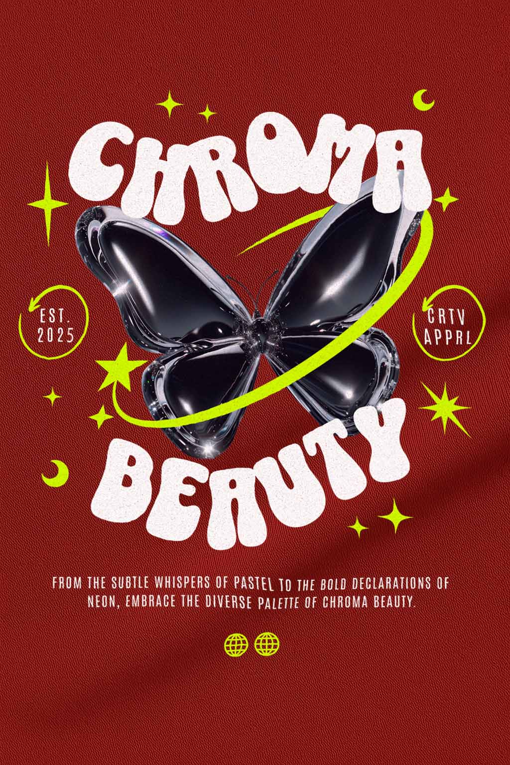 High-resolution graphic design print featuring butterfly and text "Chroma Beauty" on red cotton lycra fabric